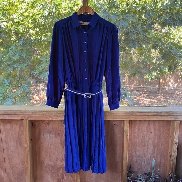 Schrader Sport Custom Casuals 80's Era Women's Vintage Blue Pleated Dress Size M - Picture 1 of 10